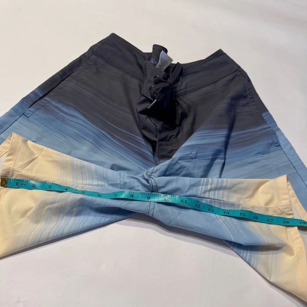Travis Mathew Board Shorts Mens 36 Blue Tan Striped Swim Beach No Liner